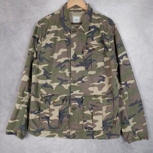 Gap Camo Shirt Jacket Mens Large Green Military Field Cotton Canvas Zip Pockets